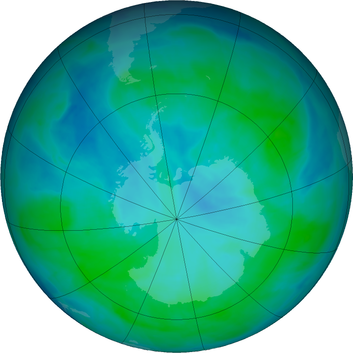 Antarctic ozone map for 11 January 2016